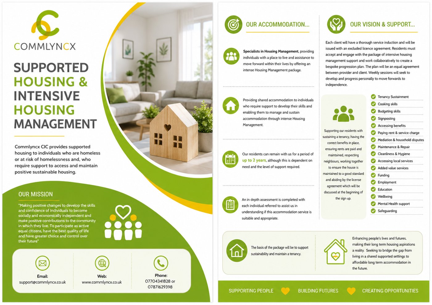 Preview of the Commlyncx A5 leaflet, showing supported housing and intensive housing management information